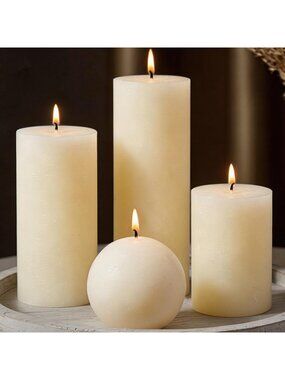 Rustic Ivory Pillar Candle Set - 4 Assorted Sizes, Unscented, Dripless